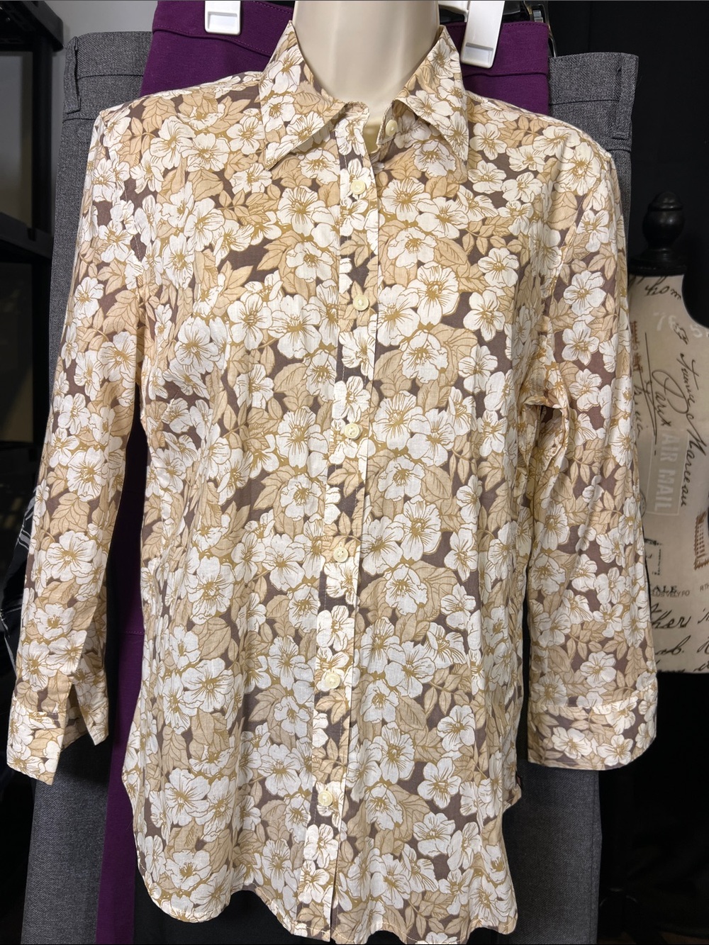 Polo by Ralph Lauren Beige and White Floral Button-Down Blouse